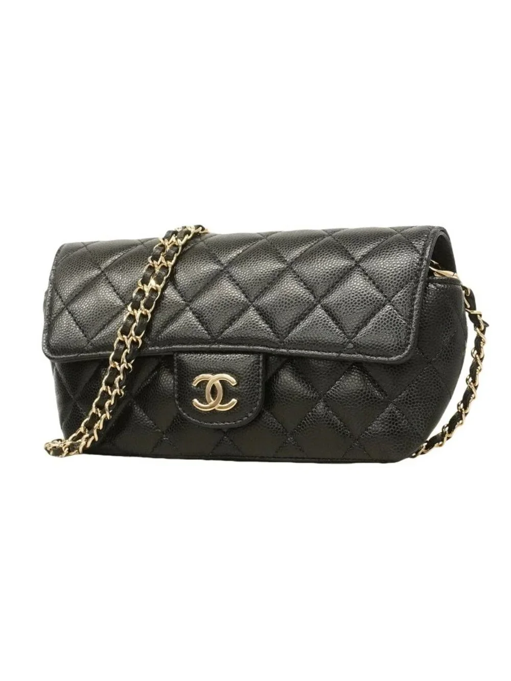 Chanel Shoulder Bag Quilted Caviar Leather Black Champagne Gold